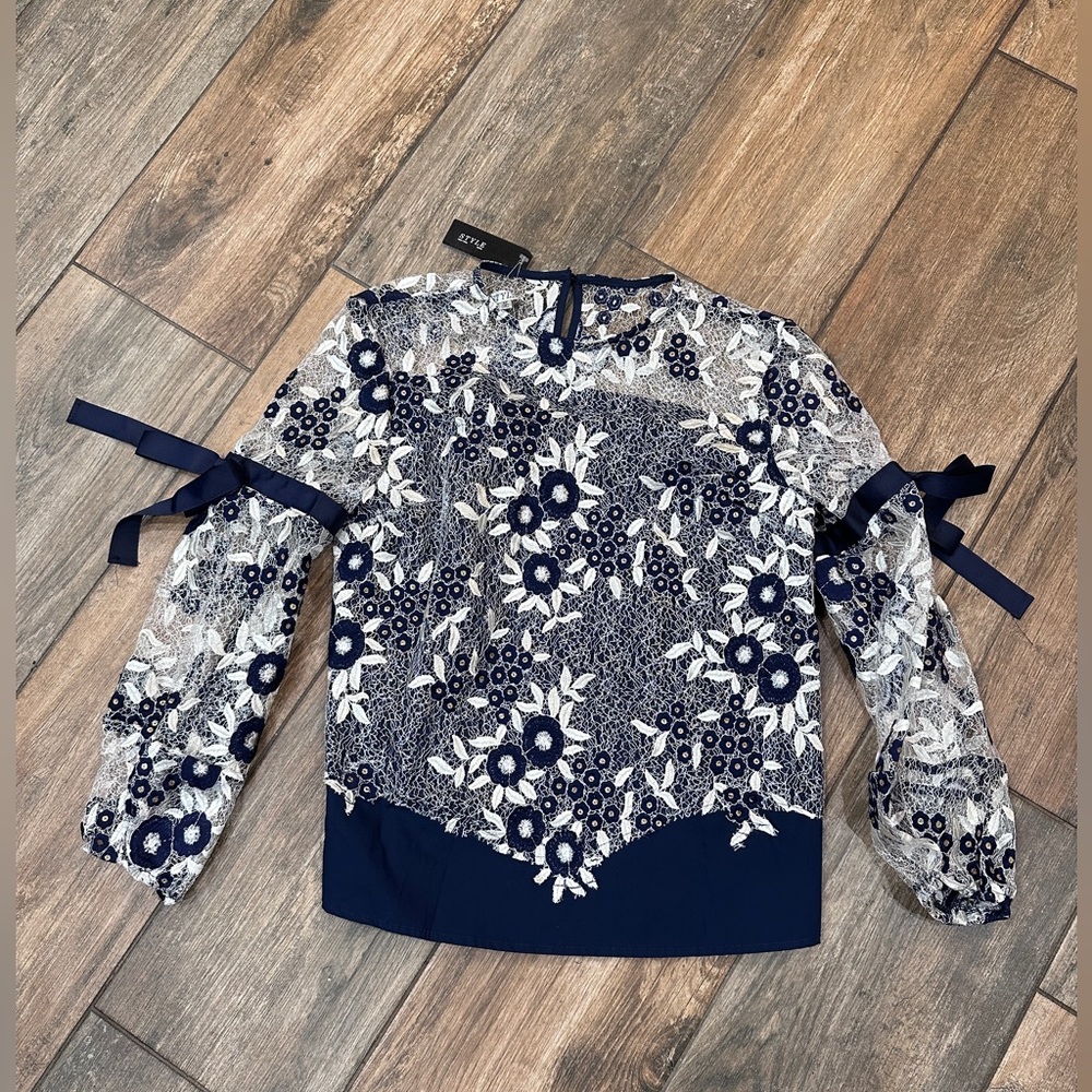 Navy and White Floral Lace Blouse